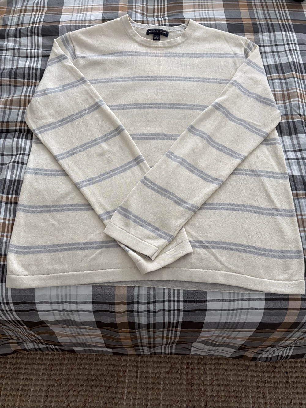 Banana Republic Men's Cream Crewneck Sweater with Light Gray Stripes